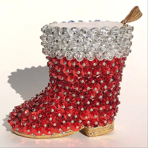 Vintage Push Pin Christmas Ornament Santa's Boot Handcrafted Red Sequins Beaded - Picture 8 of 14
